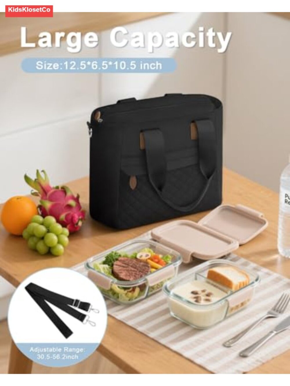 Insulated Lunch Tote Bag with Adjustable Shoulder Strap - Polyester - Picture 4 of 6
